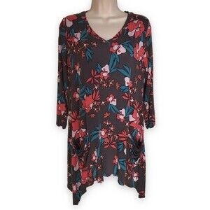 LOGO by Lori Goldstein V Neck 3/4 Sleeve Sharkbite Hem Gray Floral Tunic Medium